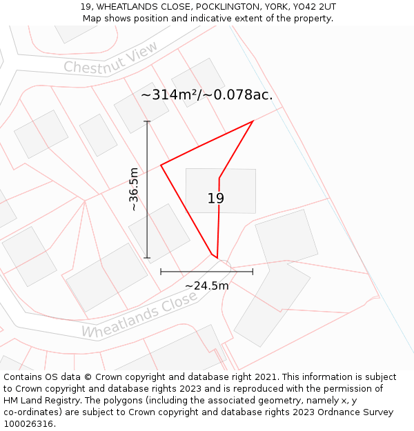 19, WHEATLANDS CLOSE, POCKLINGTON, YORK, YO42 2UT: Plot and title map