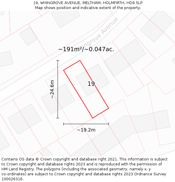 19, WHINGROVE AVENUE, MELTHAM, HOLMFIRTH, HD9 5LP: Plot and title map