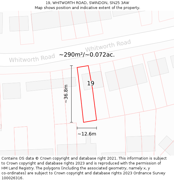 19, WHITWORTH ROAD, SWINDON, SN25 3AW: Plot and title map