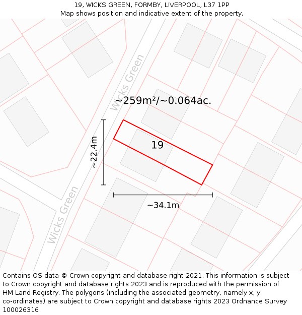 19, WICKS GREEN, FORMBY, LIVERPOOL, L37 1PP: Plot and title map