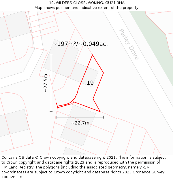 19, WILDERS CLOSE, WOKING, GU21 3HA: Plot and title map