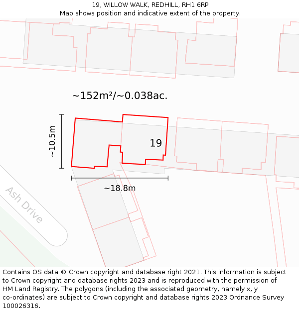 19, WILLOW WALK, REDHILL, RH1 6RP: Plot and title map