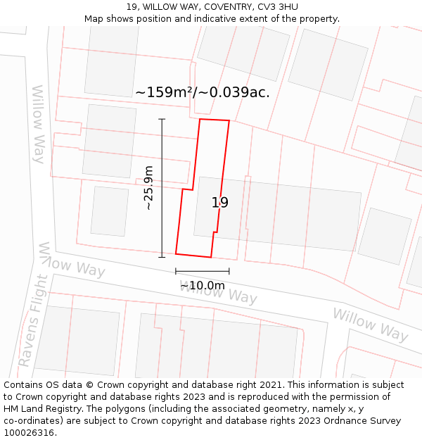 19, WILLOW WAY, COVENTRY, CV3 3HU: Plot and title map