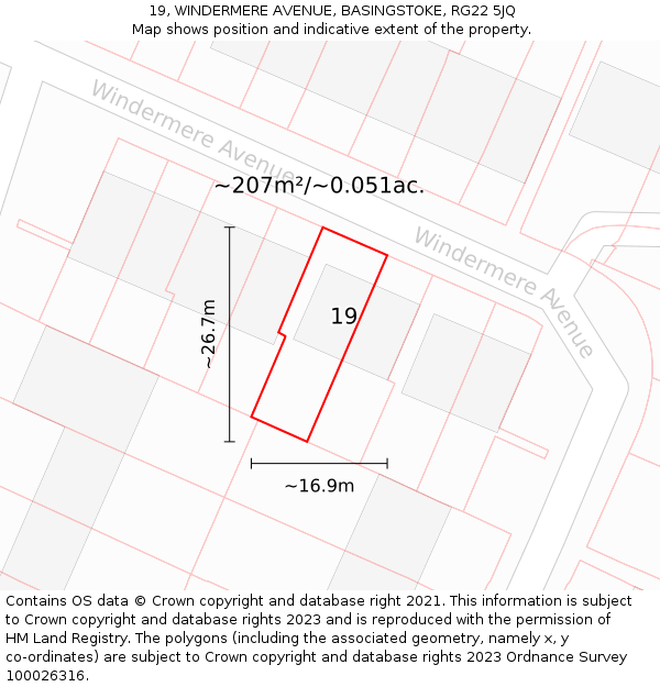 19, WINDERMERE AVENUE, BASINGSTOKE, RG22 5JQ: Plot and title map