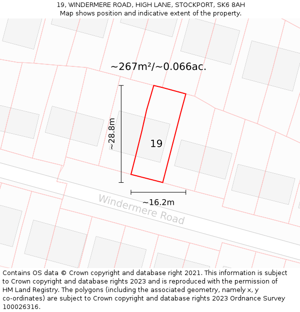 19, WINDERMERE ROAD, HIGH LANE, STOCKPORT, SK6 8AH: Plot and title map