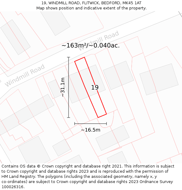 19, WINDMILL ROAD, FLITWICK, BEDFORD, MK45 1AT: Plot and title map