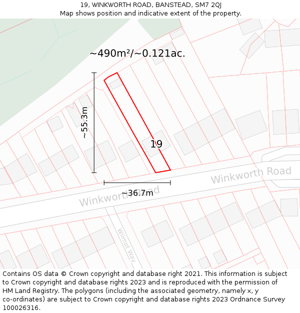 19, WINKWORTH ROAD, BANSTEAD, SM7 2QJ: Plot and title map