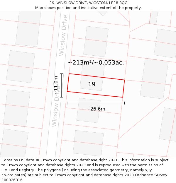 19, WINSLOW DRIVE, WIGSTON, LE18 3QG: Plot and title map