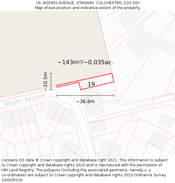 19, WODEN AVENUE, STANWAY, COLCHESTER, CO3 0QY: Plot and title map