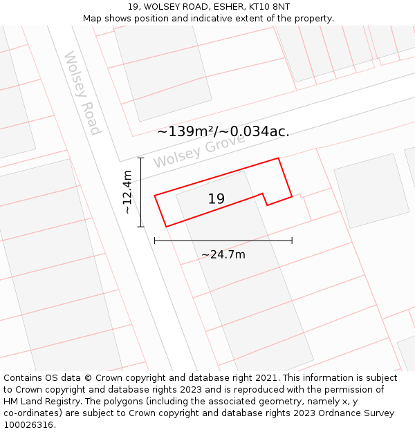 19, WOLSEY ROAD, ESHER, KT10 8NT: Plot and title map