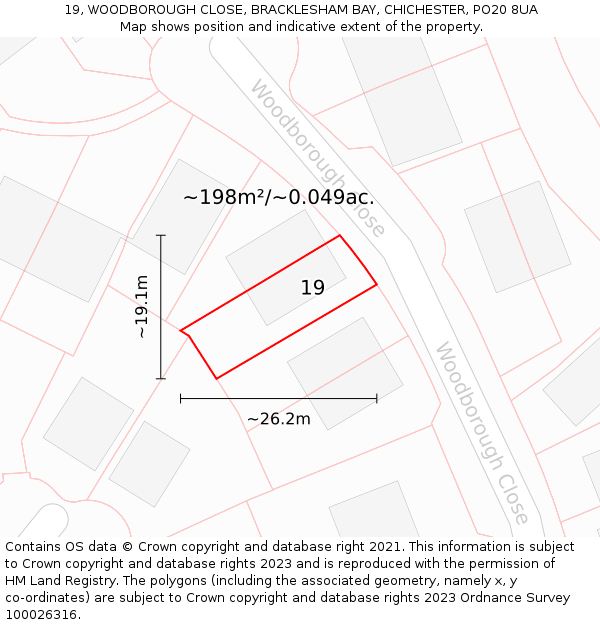 19, WOODBOROUGH CLOSE, BRACKLESHAM BAY, CHICHESTER, PO20 8UA: Plot and title map