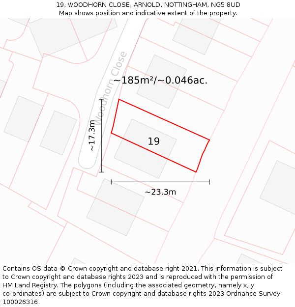 19, WOODHORN CLOSE, ARNOLD, NOTTINGHAM, NG5 8UD: Plot and title map