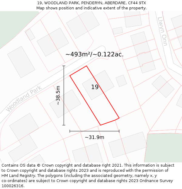 19, WOODLAND PARK, PENDERYN, ABERDARE, CF44 9TX: Plot and title map