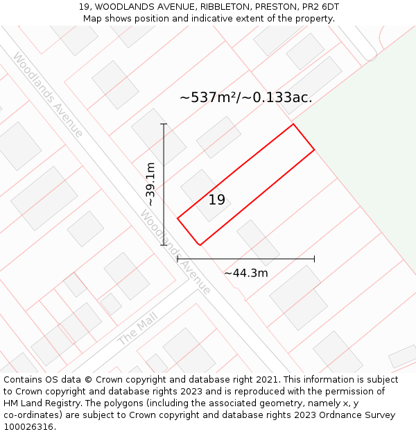 19, WOODLANDS AVENUE, RIBBLETON, PRESTON, PR2 6DT: Plot and title map