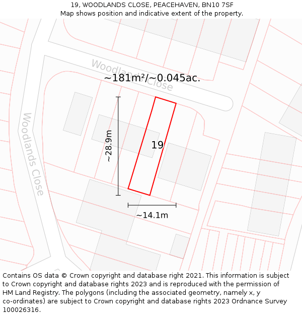 19, WOODLANDS CLOSE, PEACEHAVEN, BN10 7SF: Plot and title map