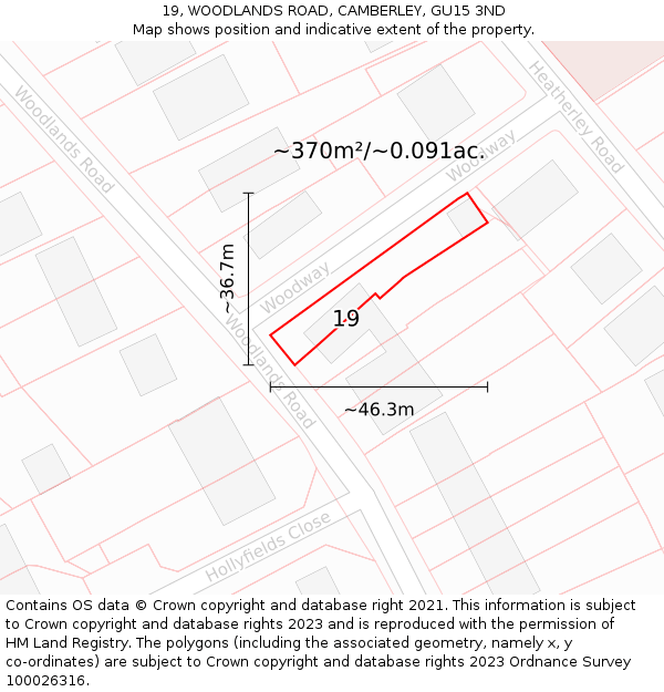 19, WOODLANDS ROAD, CAMBERLEY, GU15 3ND: Plot and title map