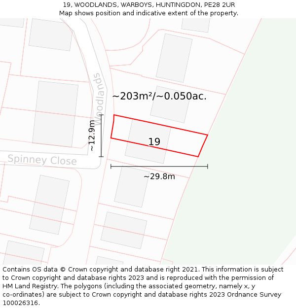 19, WOODLANDS, WARBOYS, HUNTINGDON, PE28 2UR: Plot and title map