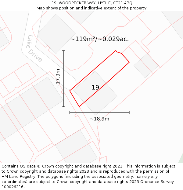 19, WOODPECKER WAY, HYTHE, CT21 4BQ: Plot and title map