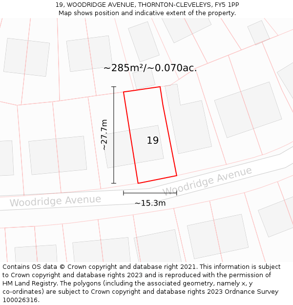 19, WOODRIDGE AVENUE, THORNTON-CLEVELEYS, FY5 1PP: Plot and title map