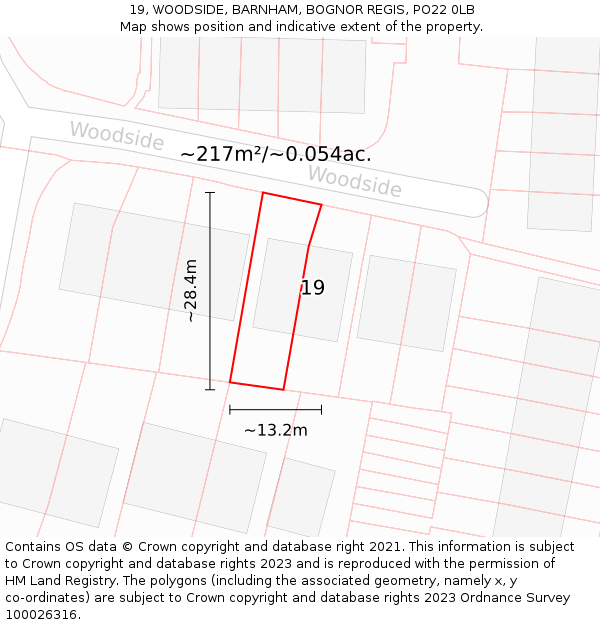 19, WOODSIDE, BARNHAM, BOGNOR REGIS, PO22 0LB: Plot and title map