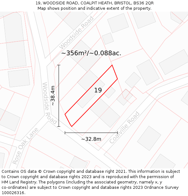 19, WOODSIDE ROAD, COALPIT HEATH, BRISTOL, BS36 2QR: Plot and title map