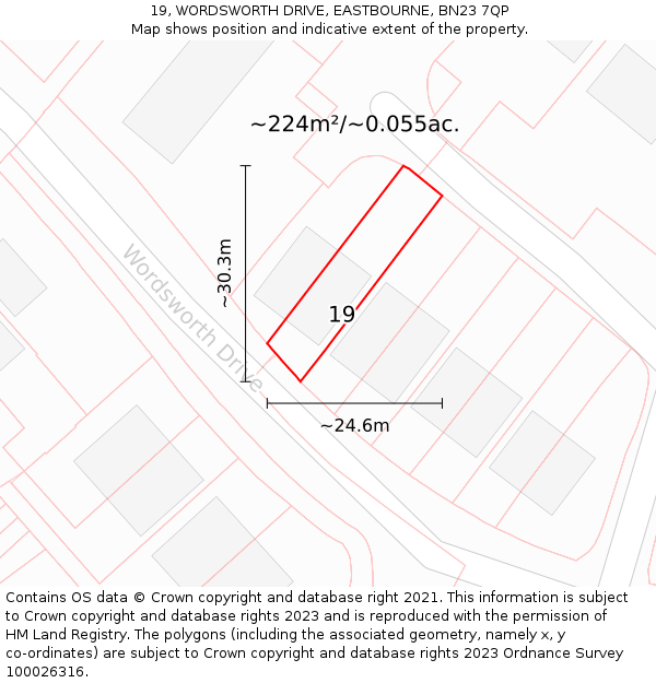 19, WORDSWORTH DRIVE, EASTBOURNE, BN23 7QP: Plot and title map