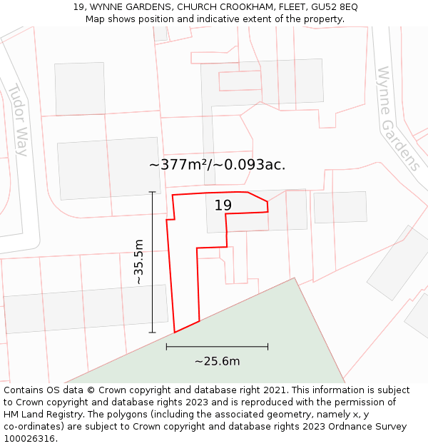 19, WYNNE GARDENS, CHURCH CROOKHAM, FLEET, GU52 8EQ: Plot and title map