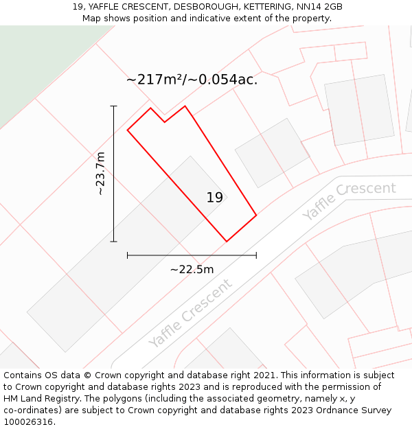 19, YAFFLE CRESCENT, DESBOROUGH, KETTERING, NN14 2GB: Plot and title map