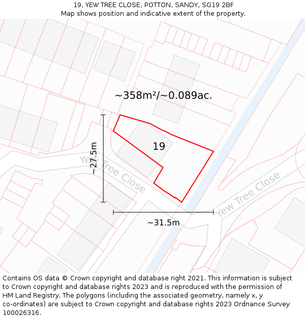 19, YEW TREE CLOSE, POTTON, SANDY, SG19 2BF: Plot and title map