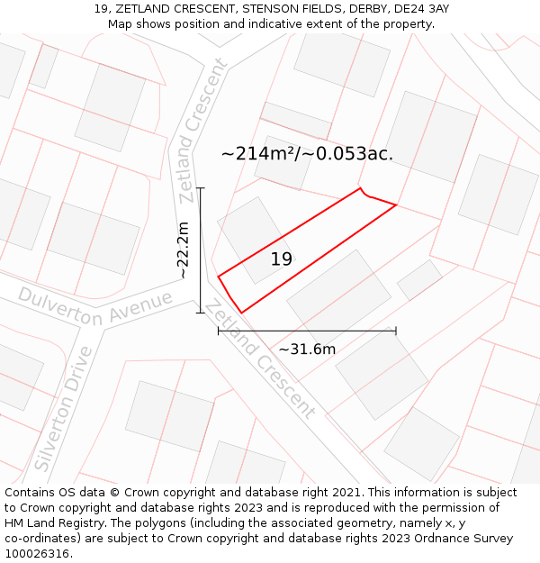 19, ZETLAND CRESCENT, STENSON FIELDS, DERBY, DE24 3AY: Plot and title map