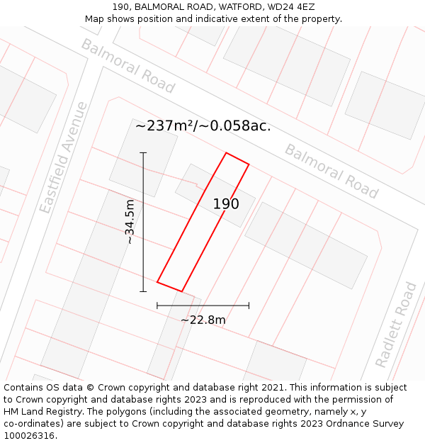 190, BALMORAL ROAD, WATFORD, WD24 4EZ: Plot and title map