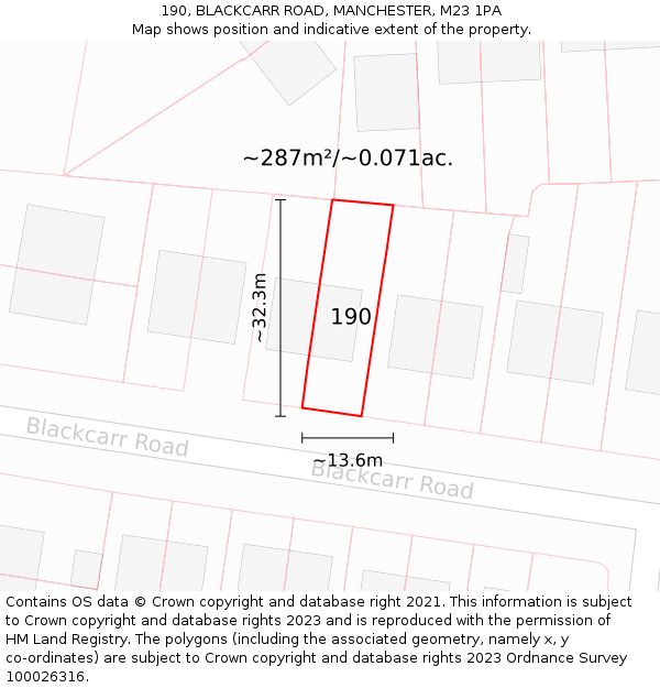 190, BLACKCARR ROAD, MANCHESTER, M23 1PA: Plot and title map