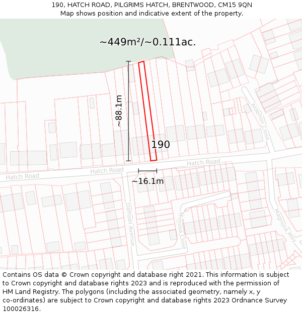 190, HATCH ROAD, PILGRIMS HATCH, BRENTWOOD, CM15 9QN: Plot and title map