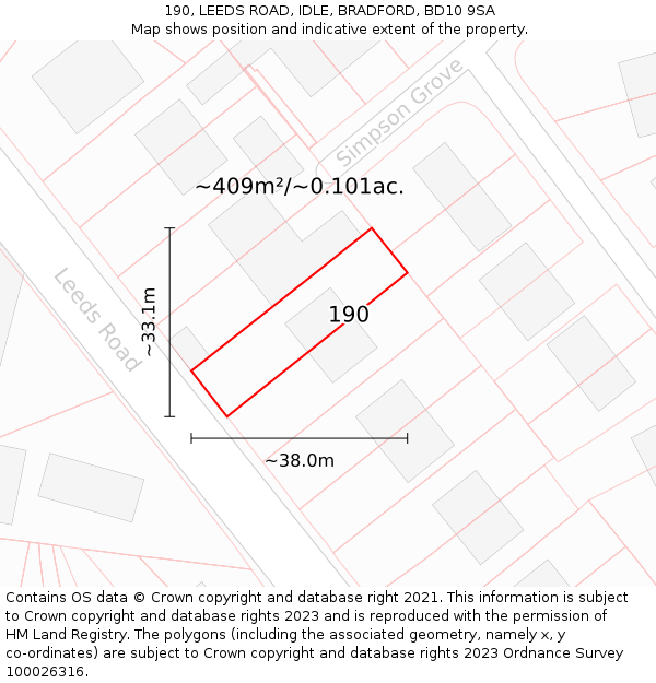 190, LEEDS ROAD, IDLE, BRADFORD, BD10 9SA: Plot and title map