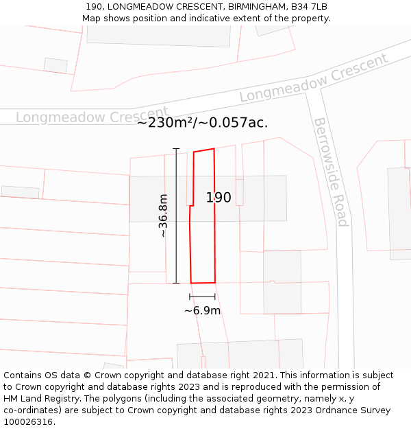 190, LONGMEADOW CRESCENT, BIRMINGHAM, B34 7LB: Plot and title map