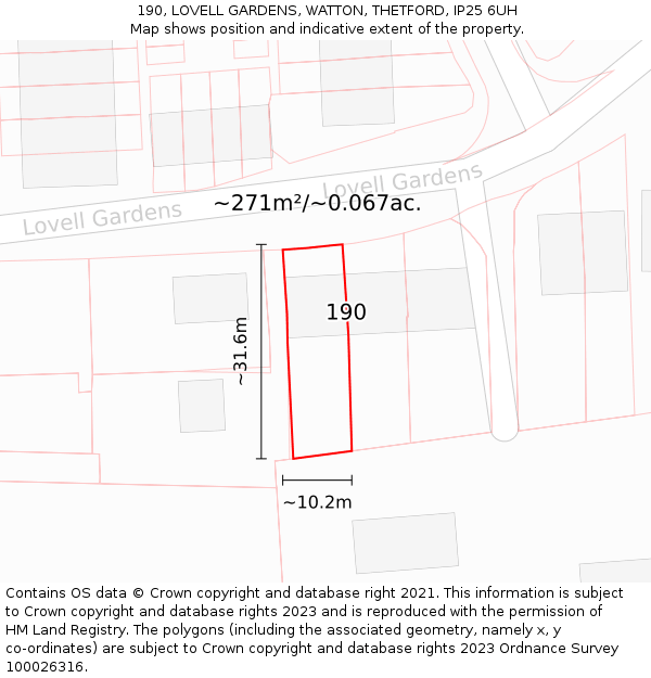 190, LOVELL GARDENS, WATTON, THETFORD, IP25 6UH: Plot and title map