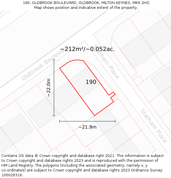 190, OLDBROOK BOULEVARD, OLDBROOK, MILTON KEYNES, MK6 2HG: Plot and title map