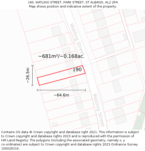 190, WATLING STREET, PARK STREET, ST ALBANS, AL2 2PA: Plot and title map