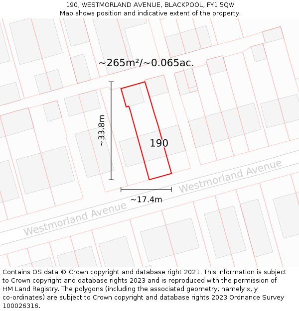 190, WESTMORLAND AVENUE, BLACKPOOL, FY1 5QW: Plot and title map