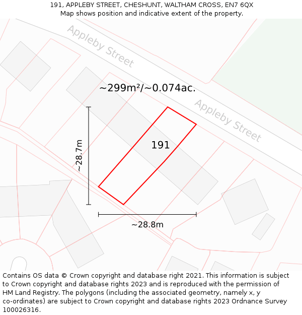 191, APPLEBY STREET, CHESHUNT, WALTHAM CROSS, EN7 6QX: Plot and title map