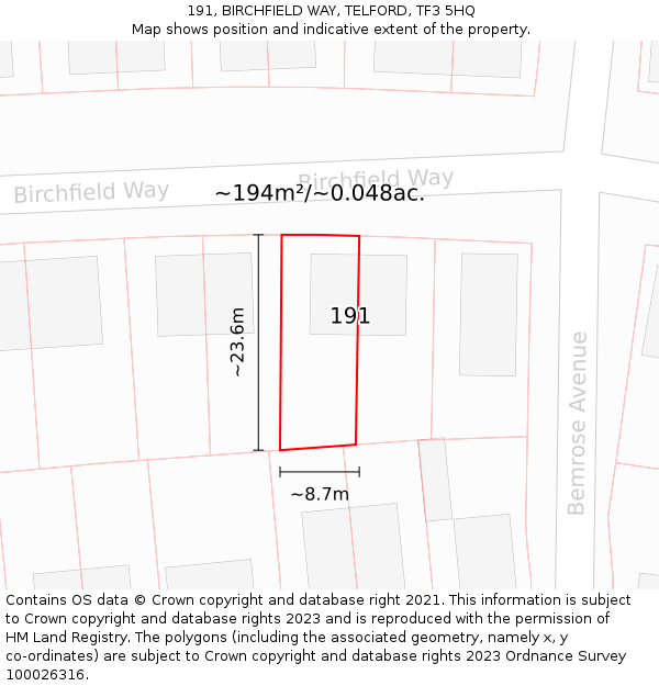 191, BIRCHFIELD WAY, TELFORD, TF3 5HQ: Plot and title map