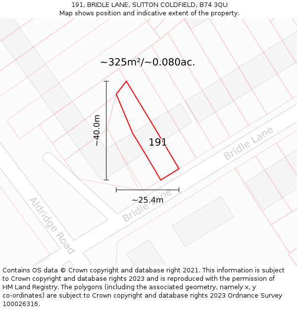 191, BRIDLE LANE, SUTTON COLDFIELD, B74 3QU: Plot and title map