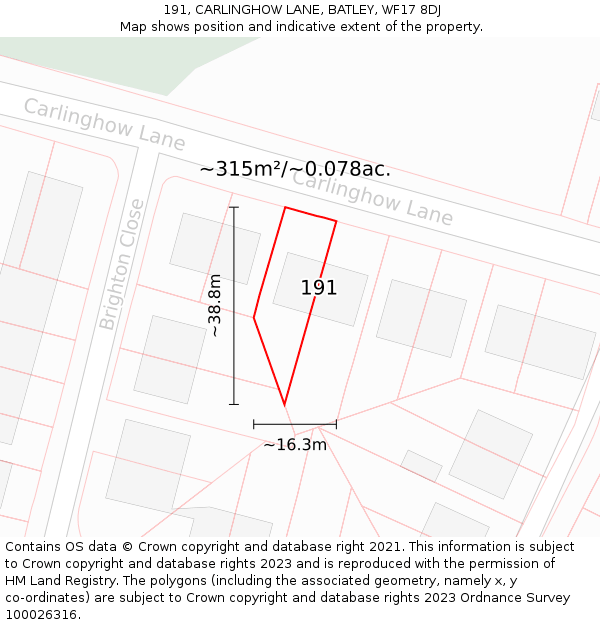 191, CARLINGHOW LANE, BATLEY, WF17 8DJ: Plot and title map