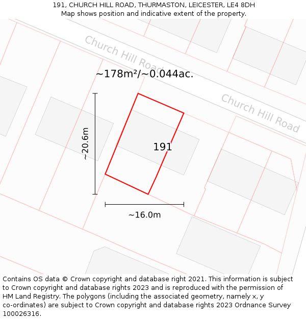 191, CHURCH HILL ROAD, THURMASTON, LEICESTER, LE4 8DH: Plot and title map