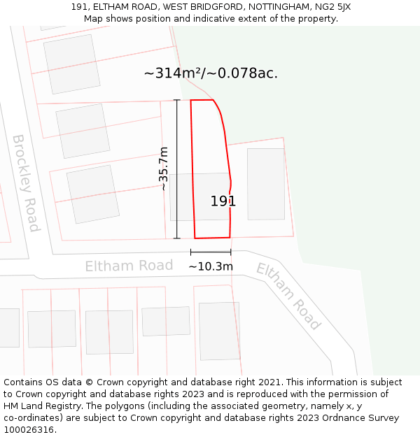 191, ELTHAM ROAD, WEST BRIDGFORD, NOTTINGHAM, NG2 5JX: Plot and title map