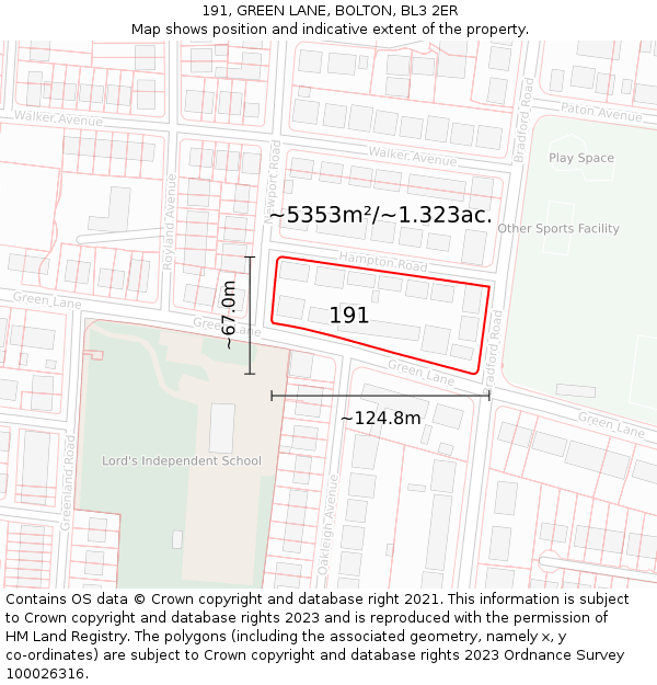 191, GREEN LANE, BOLTON, BL3 2ER: Plot and title map