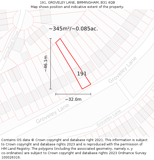 191, GROVELEY LANE, BIRMINGHAM, B31 4QB: Plot and title map