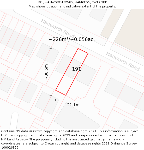 191, HANWORTH ROAD, HAMPTON, TW12 3ED: Plot and title map