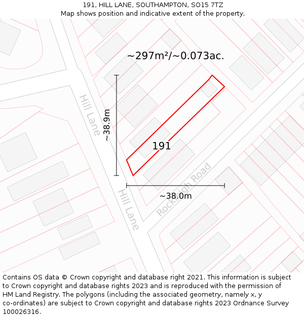 191, HILL LANE, SOUTHAMPTON, SO15 7TZ: Plot and title map