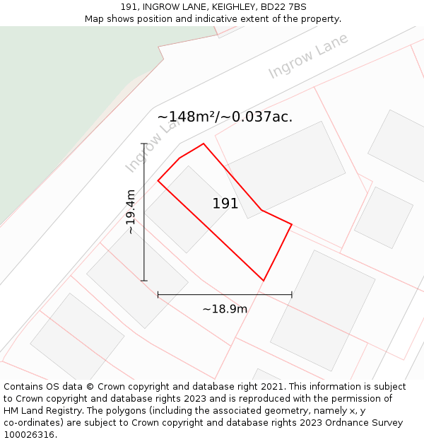 191, INGROW LANE, KEIGHLEY, BD22 7BS: Plot and title map